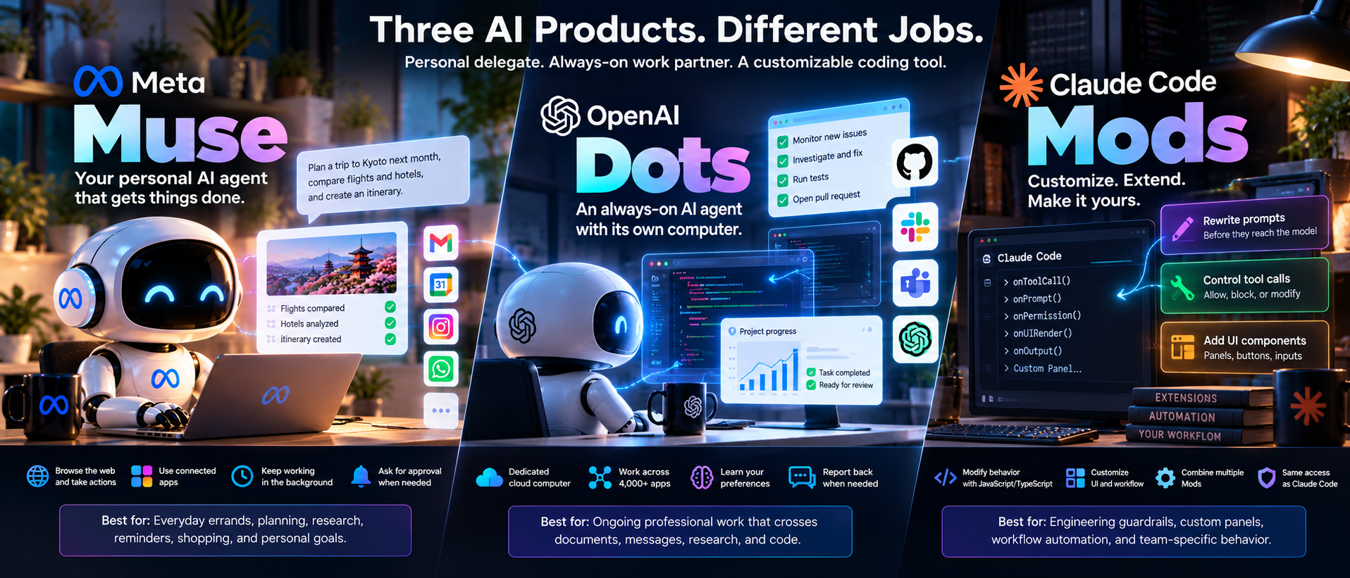 Meta Muse, Claude Code Mods, and OpenAI Dots are often mentioned together. They are not the same kind of product—and that difference matters. /posts/muse-mods-dots-comparison/17_47_57.png